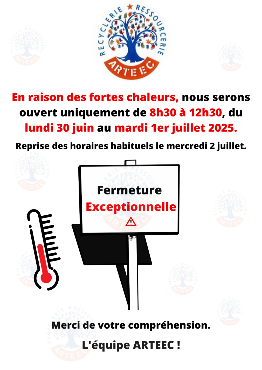 Fermeture après midi 30 juin et 1er juillet 